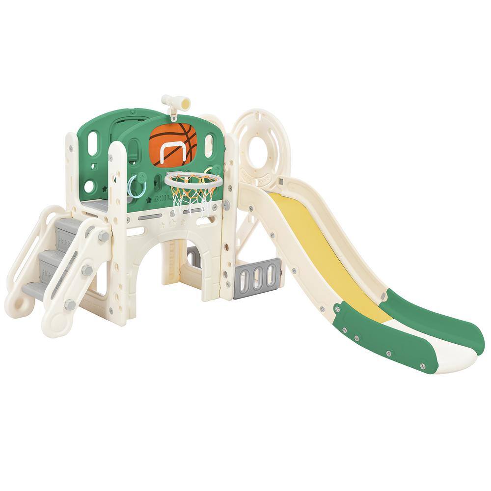 7-In-1 Green HDPE Playhouse with Slide Arch Tunnel Ring Toss and Basketball Hoop LN20232353