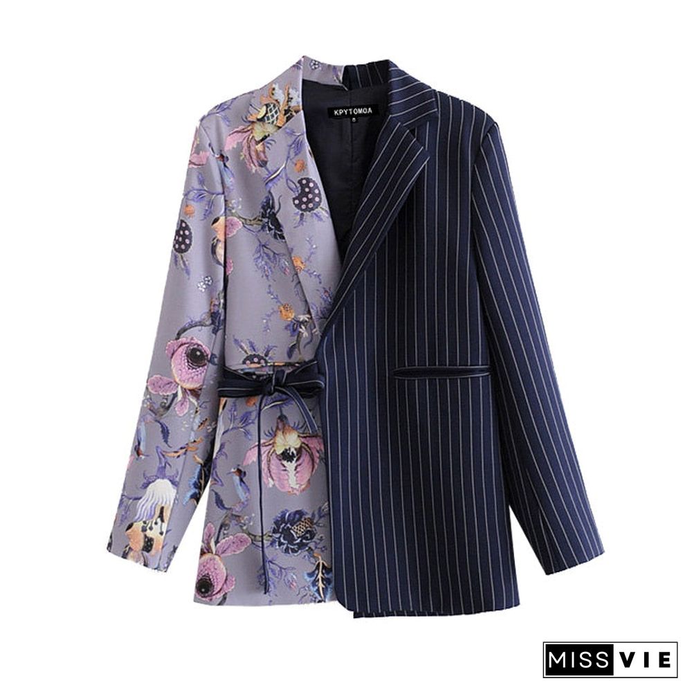 Women Fashion Office Wear Floral Print Patchwork Blazer Coat Vintage Pockets With Belt Female Outerwear Chic Tops