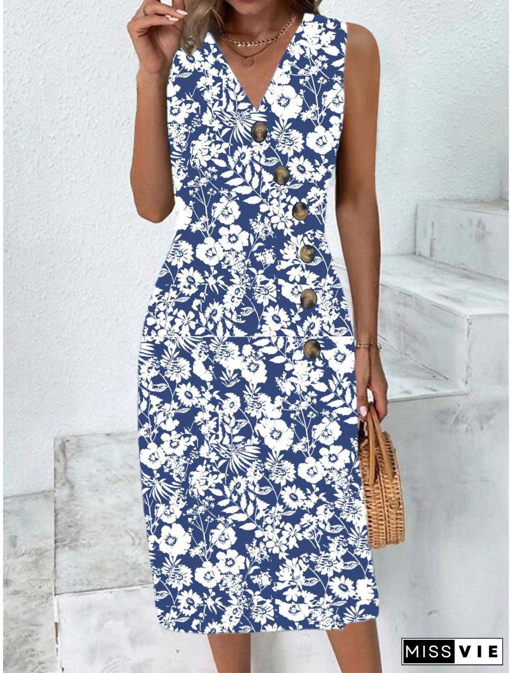 Fresh Blue Floral Print Sleeveless Midi Dress