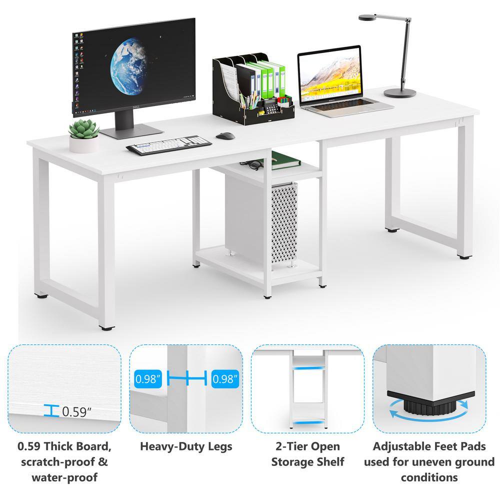 TRIBESIGNS WAY TO ORIGIN Halseey 78 in. Rectangular White Wood Computer Desk Two Person Writing Desk with Metal Frame and Storage Shelves HD-ZK10003