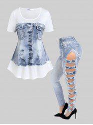 Short Sleeve 3D Denim Print Tee and High Waist 3D Denim Print Jeggings Plus Size Outfit