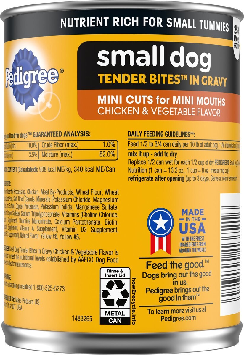 Pedigree Tender Bites in Gravy， Chicken and Vegetable Flavor Canned Wet Dog Food， 13.2-oz can， case of 12