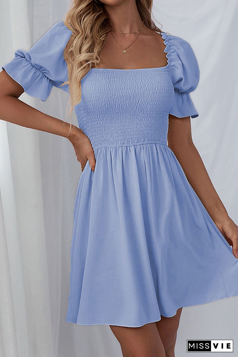 Solid Color Ruffle Short Sleeves Mini Dress Wholesale