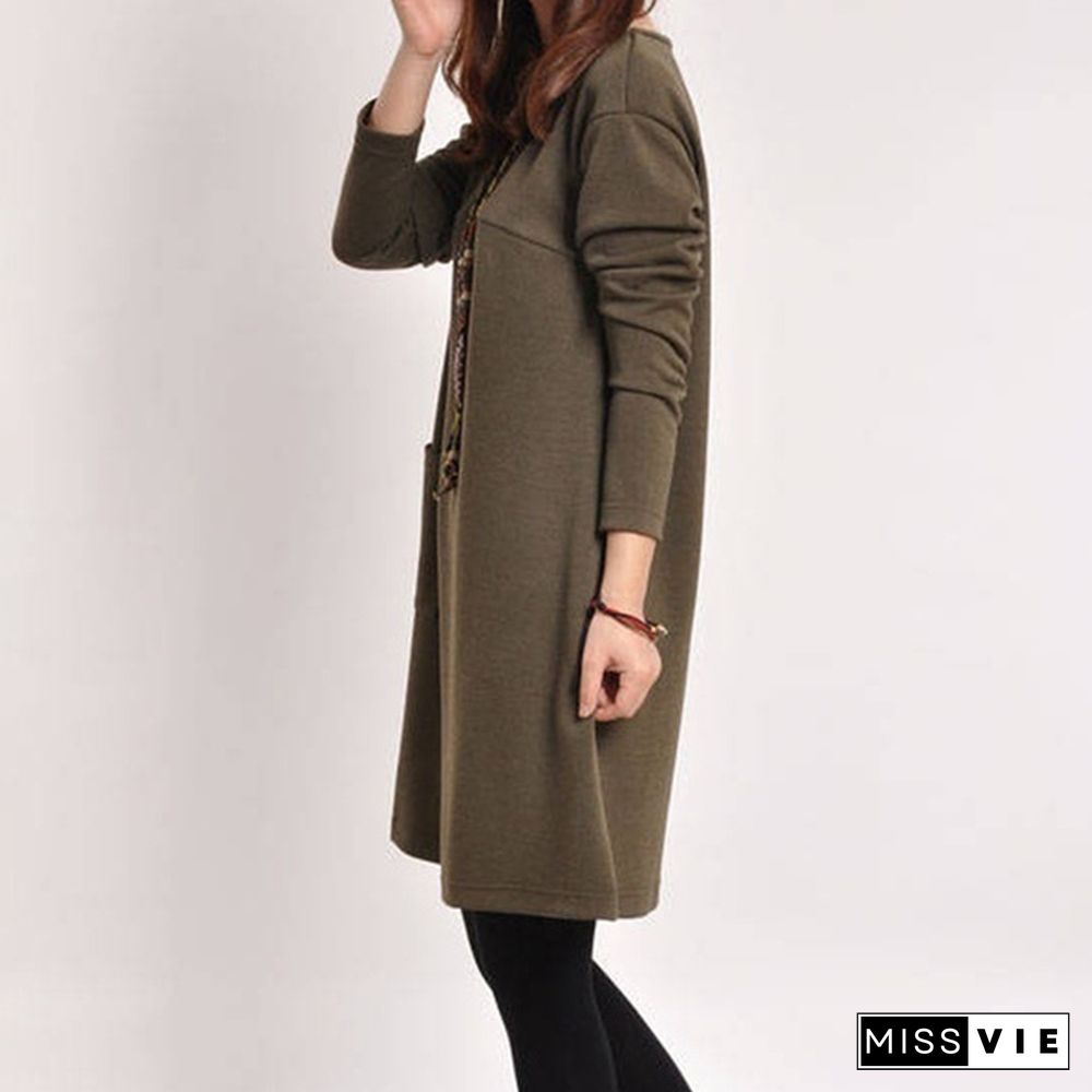 Women Autumn Long Sleeve Pocket Loose Maternity Swing Dress Casual Cotton V-neck Pregnancy Dress