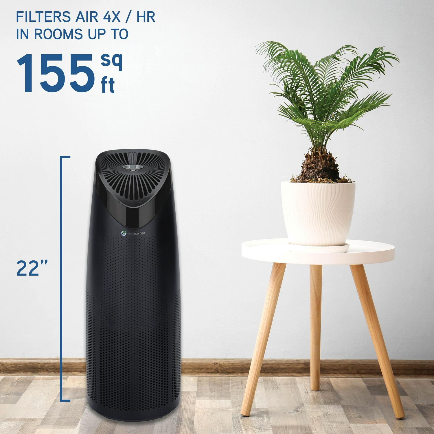 GermGuardian Air Purifier 4-in-1 with HEPA Filter and UVC Sanitizer， 22-inch Tower， Black， AC4625BDLX