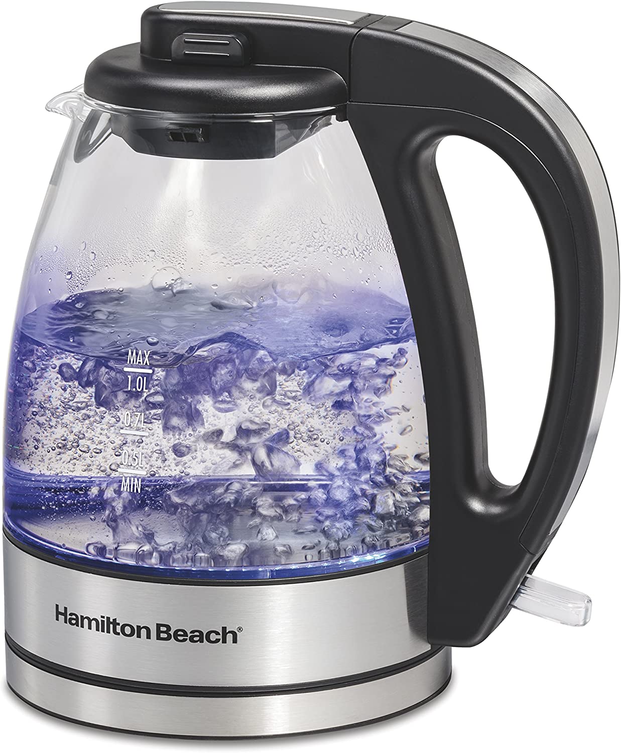 Hamilton Beach Glass Electric Tea Kettle， Water Boiler and Heater， 1 L， Cordless， LED Indicator， Auto-Shutoff and Boil-Dry Protection (40930)， Clear