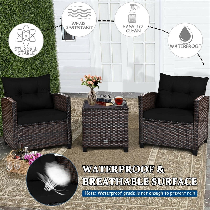 3 Pieces Patio Rattan Furniture Set Outdoor Wicker Conversation Set with Washable Cushion and Coffee Table