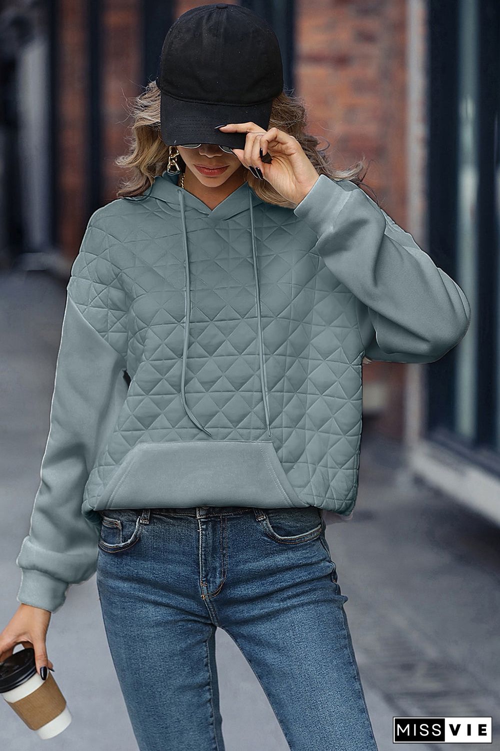 Drop Shoulder Quilted Patchwork Kangaroo Pocket Hoodie