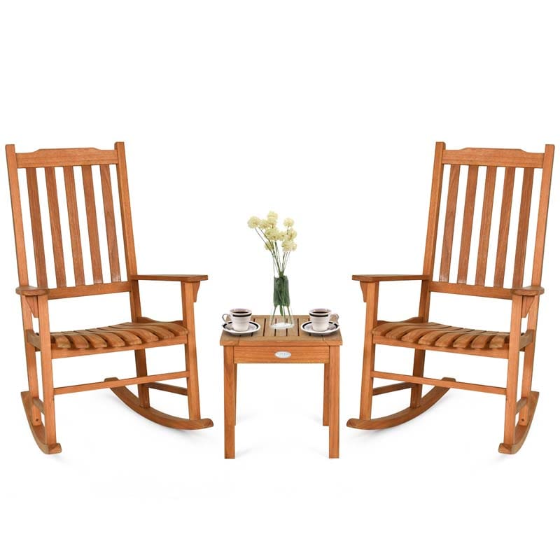 3 Pcs Eucalyptus Rocking Chair Set Outdoor Bistro Set with Accent Coffee Table