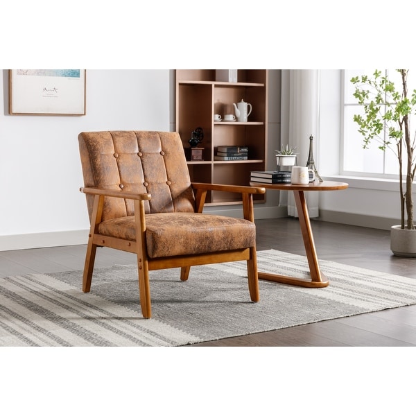 Modern PU Leather Button Lounge Chairs Solid Wood Armrest Accent Chairs， Brown