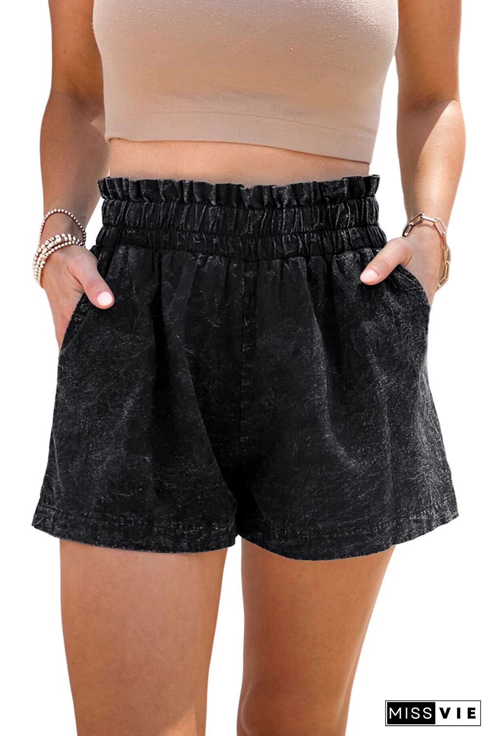 Black Retro Bleach-washed Ruffled Elastic High Waist Denim Shorts