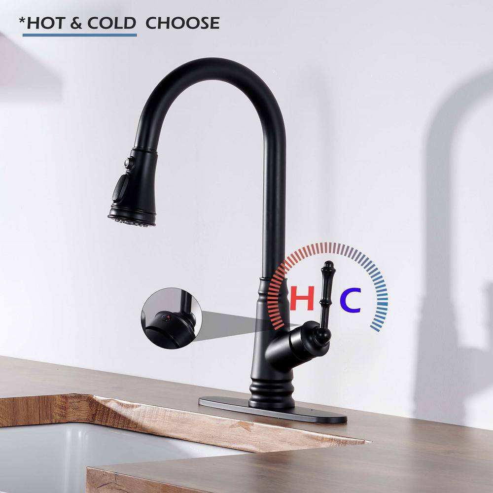 ELLOALLO Touchless Single Handle Deck Mount Gooseneck Pull Down Sprayer Kitchen Faucet with Deckplate in Matte Black EKF-B-T812