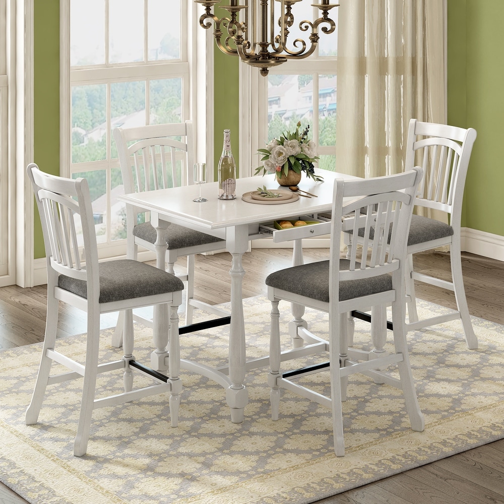 5 Piece Wood Dining Table Set Counter Height Kitchen Furniture Set with Storage Drawers and 4 Upholstered Chairs  White