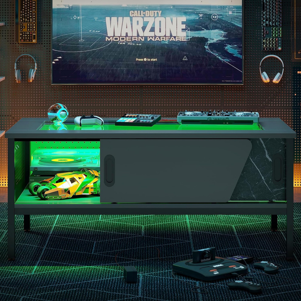 Modern Coffee Table  Glass Top  ampSliding Doors With Led Lighting   Industrial   Coffee Tables   by Decor Love  Houzz