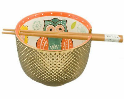 1 Set of 2 Luxury Gold Plated Ramen Noodle Bowls W/ Chopsticks Tropical Sun Owl EBR02