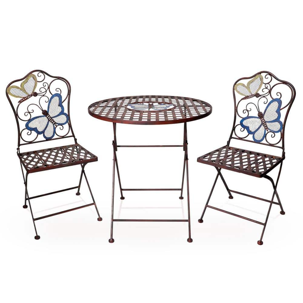 Alpine Corporation 3-Piece Iron Indoor/Outdoor Butterfly Design Bistro Set Folding Table and Chairs Patio Seating BVK574A