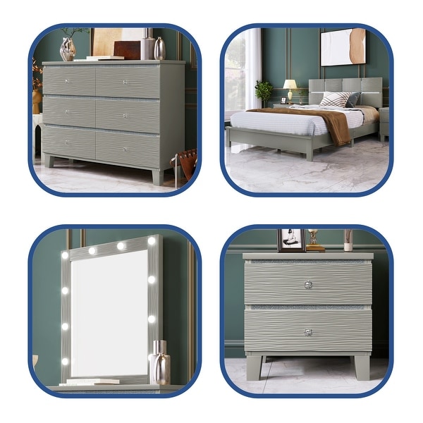 Champagne Silver 5 Pieces Bedroom Sets BedandNightstand*2 DresserandMirror - - 37516416