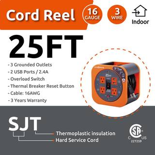 Link2Home 25 ft. 163 Extension Cord Storage Reel with 3 Grounded Outlets 2 USB 3.4 Amp and Overload Reset Button EM-EL-275E