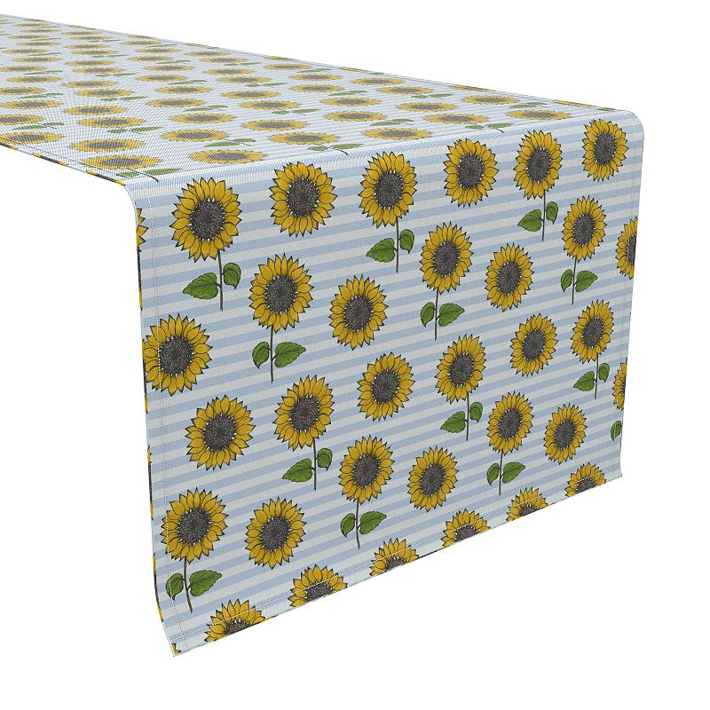 Table Runner， 100% Cotton， 16x108， Blue Stripes and Sunflowers