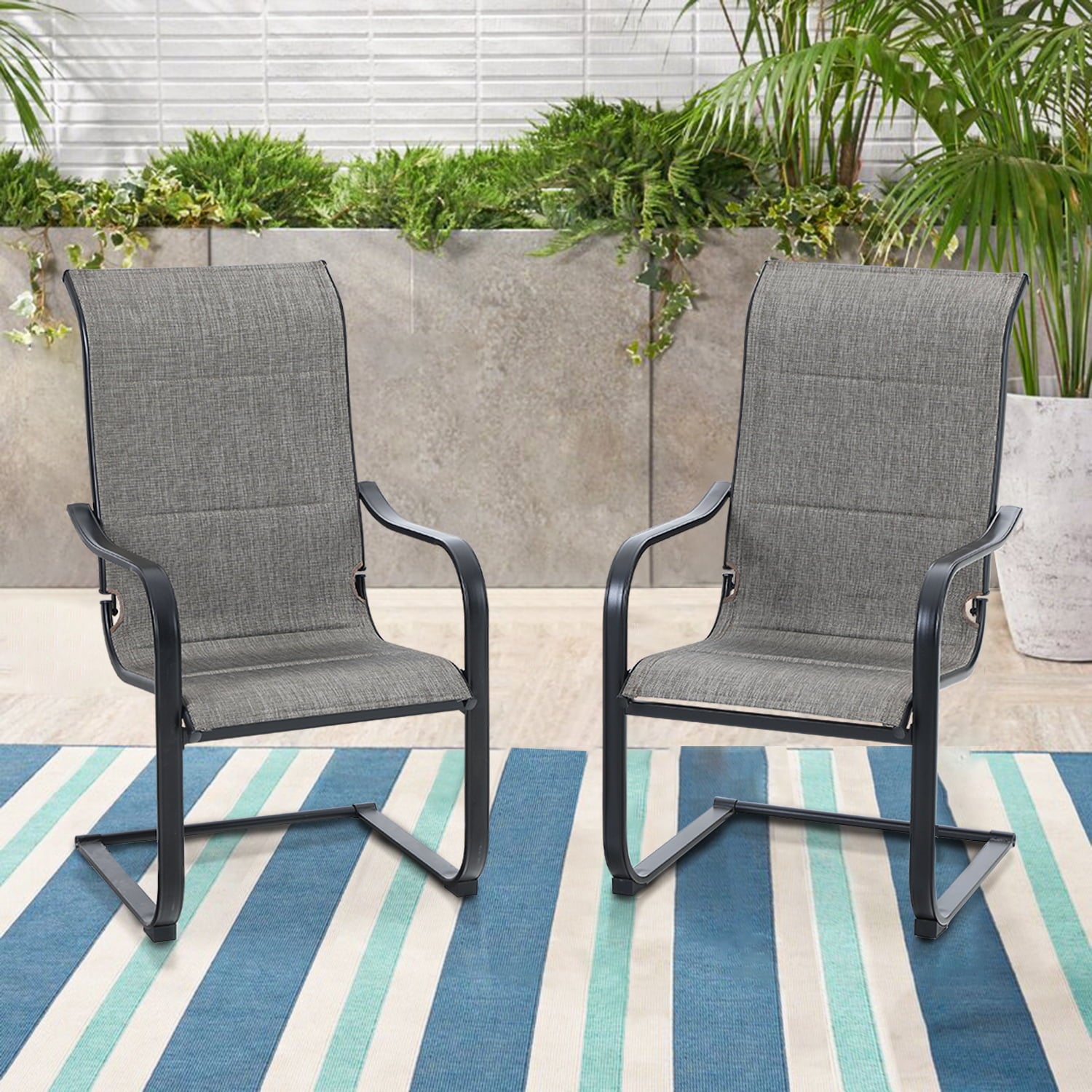 MF Studio 2PCS C Spring Outdoor Dining Chairs with Padded Seat and Back Metal Patio Furniture, Gray