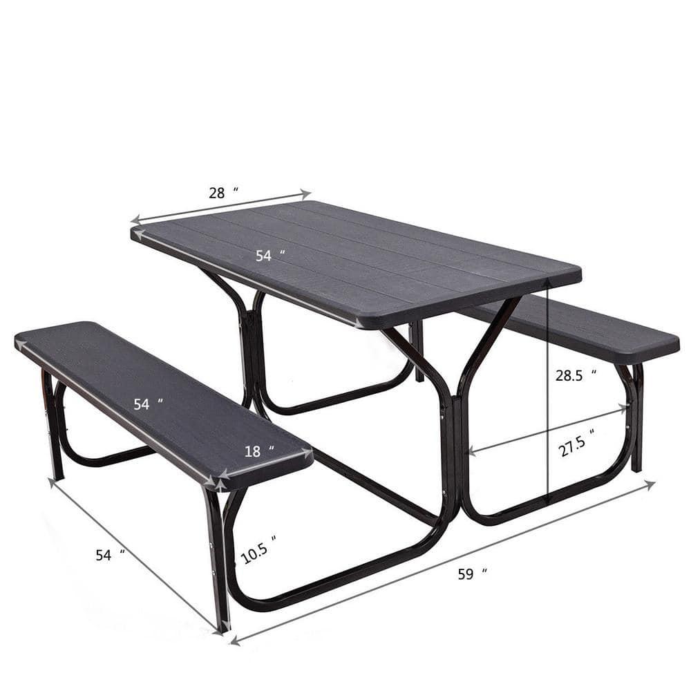 CASAINC Black Rectangular Plastic Outdoor Picnic Table with 2 Bench