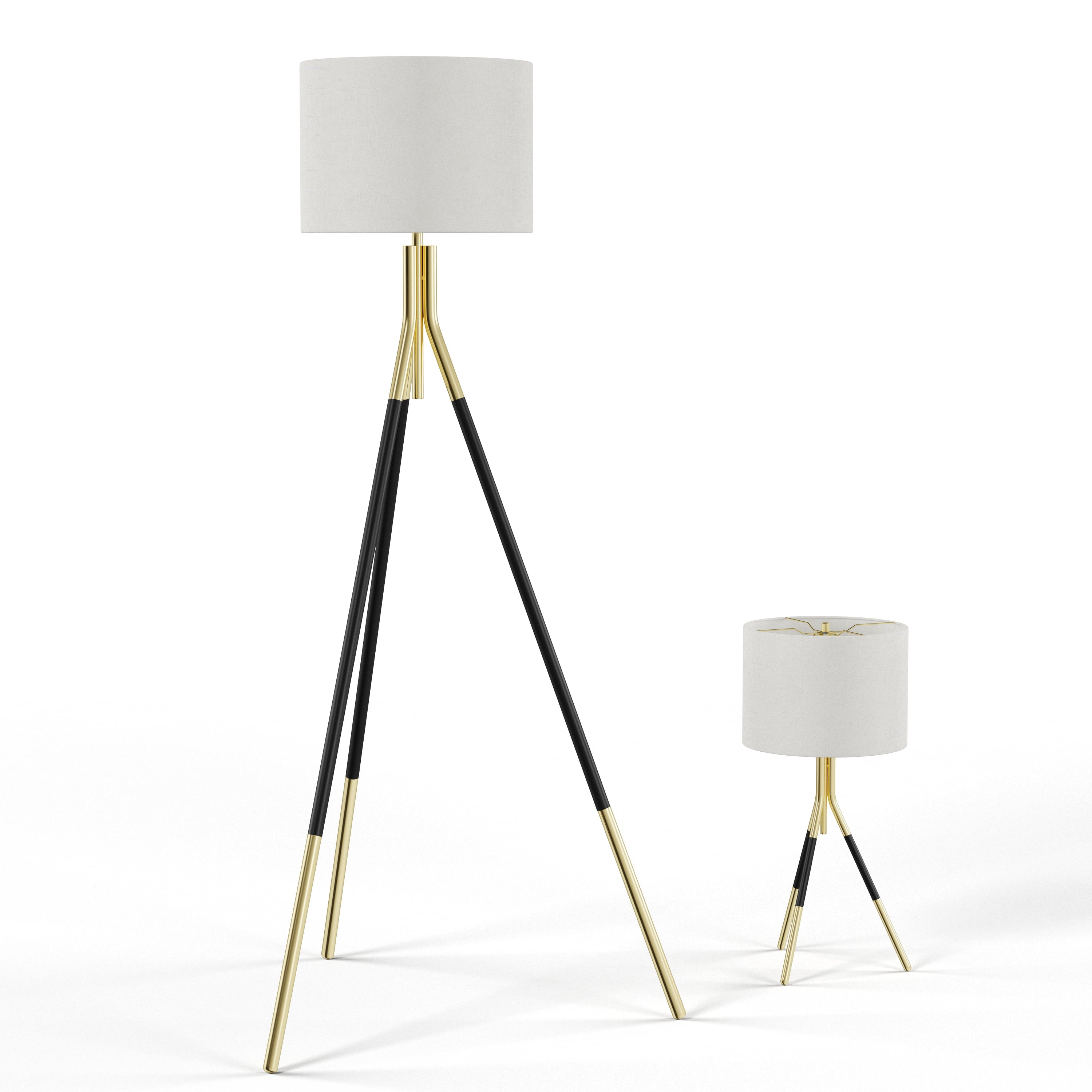 MoDRN Tripod Floor Lamp and Table Lamp Set, Black and Gold