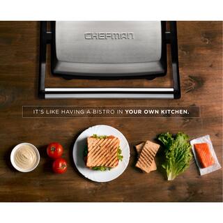 Chefman 8 in. Black Electric Panini Press Grill and Gourmet Sandwich Maker with Non-Stick Coated Plates Opens 180 Degrees RJ02-180-R