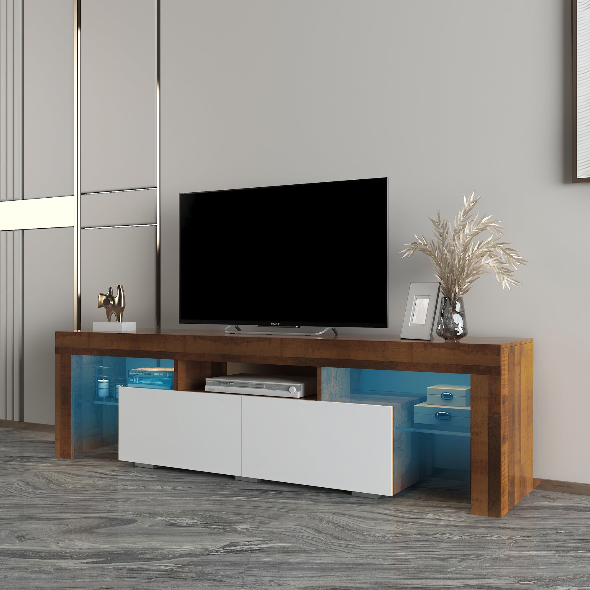 63''L Matt Laminate Finish TV Stand Cabinet with 2 Soft-Open Front Storage Doors， 20 Colors LEDandRemote Control (up to 70'')