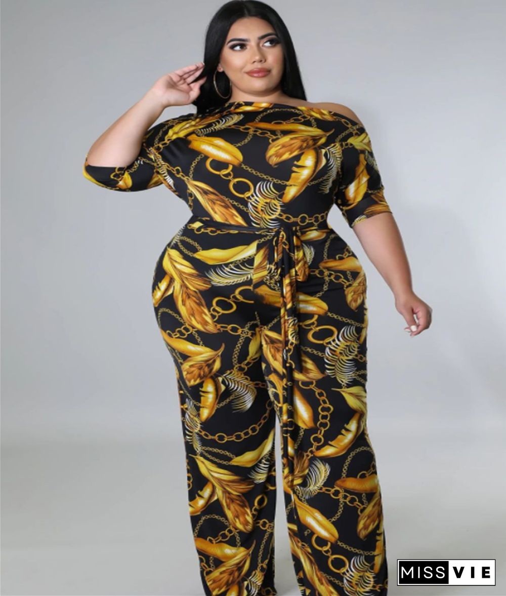 Off-the-shoulder Printed Plus Size Wide Leg Jumpsuit