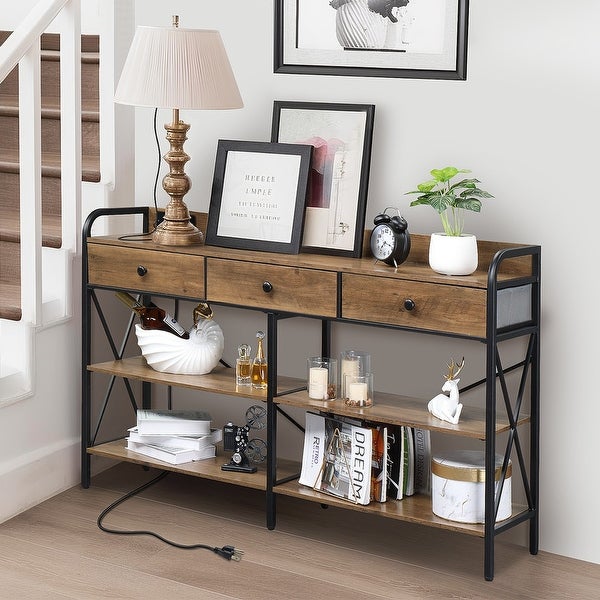 Console Table with Outlets and USB Ports， Narrow Entryway Table with 3-Drawer