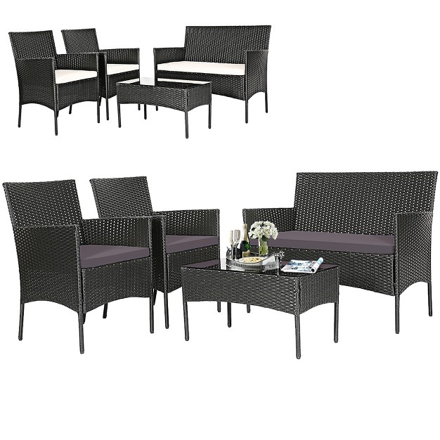 Tangkula 4pcs Outdoor Furniture Set Patio Rattan Conversation Set W Gray amp Off White Cushion