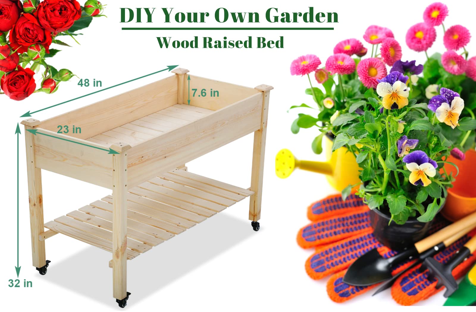 Raised Garden Bed, 48x23x32in Elevated Wooden Planter Boxes Kit with Wheels& Storage Shelf, Outdoor Raised Garden Boxes for Vegetable Plants Indoor/Outdoor Use, Natural