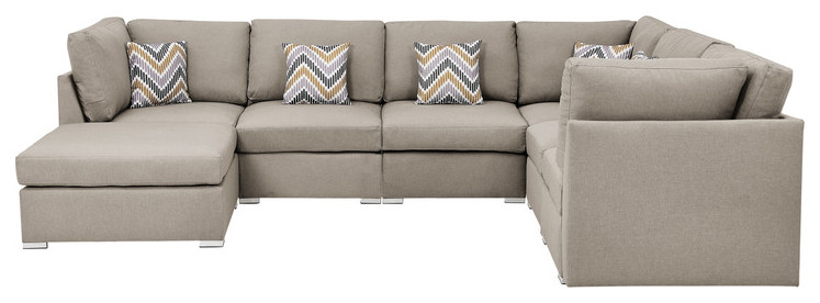 Amira Beige Fabric Reversible Modular Sectional Sofa with Ottoman and Pillows   Contemporary   Sectional Sofas   by Morning Design Group  Inc  Houzz