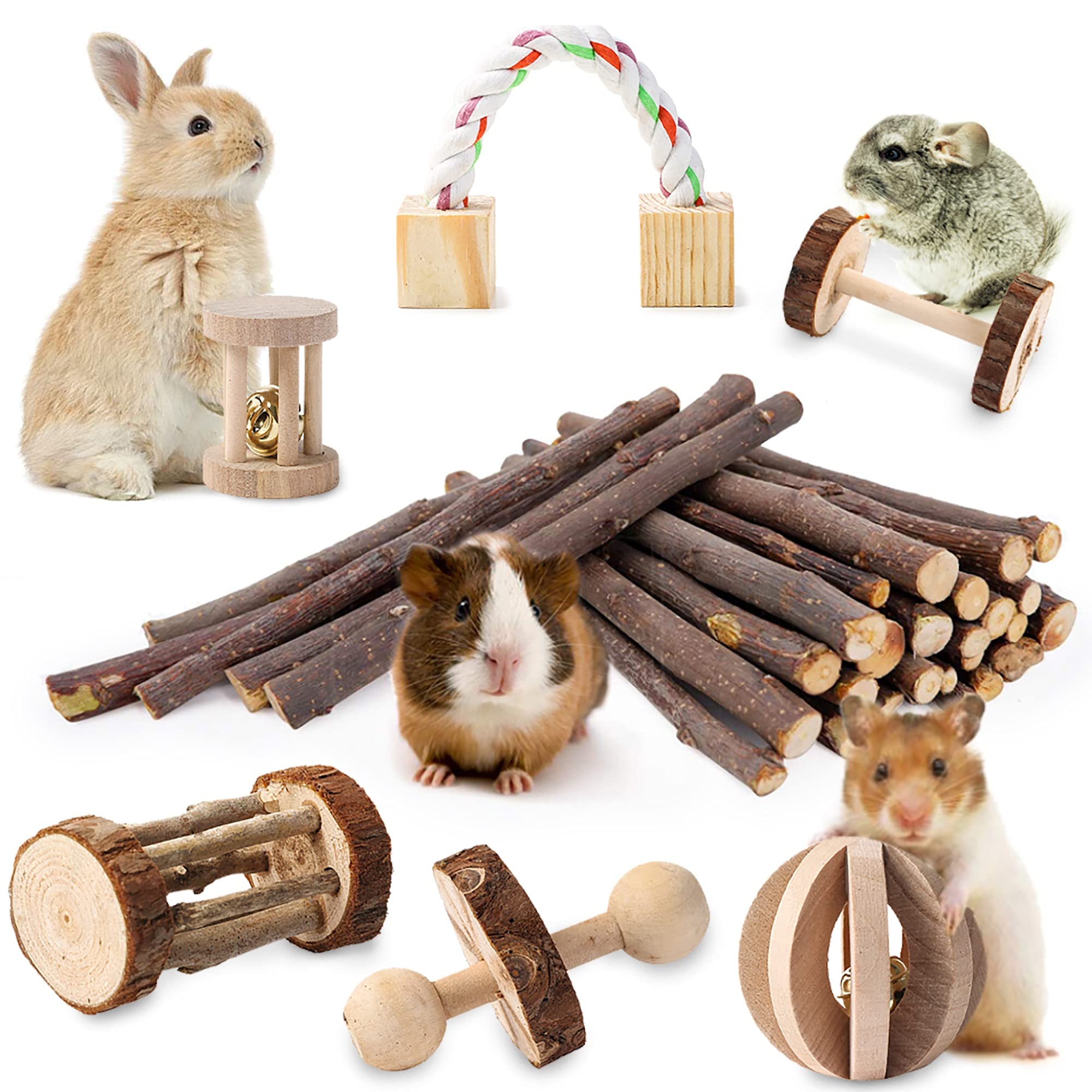 JanYoo Rabbit Chew Toys for Teeth Wooden Natural Guinea Pig Accessories Cage Bunnies Grinding Organic Sticks Set (7 Pack)