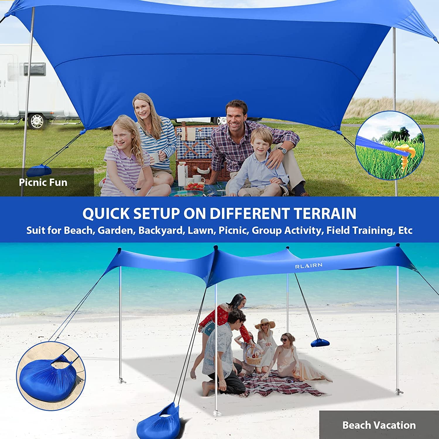 RLAIRN 10 x 10 ft Pop up Beach Tent Sun Shelter， UPF50+ Rain Resistant Beach Canopy Tent Gazebo Shade with 4 Foldable Poles， Sand Bag， Sand Shovel and Carry Bag for Beach and Backyard，Deep Blue