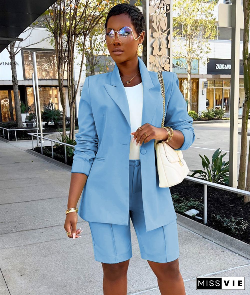 Solid Color Office Lady Blazer Two Piece Shorts Suit