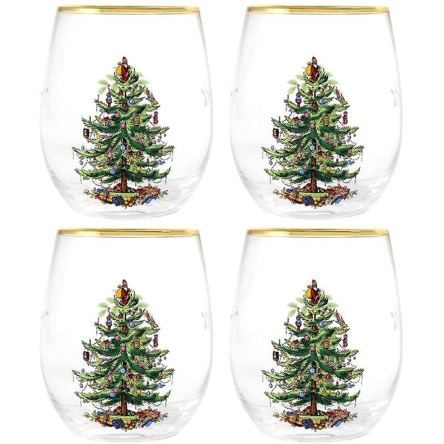 Spode Christmas Tree 19 Ounce Stemless Wine Glasses Set Of 4 22 Karat Gold Rim 19 Oz