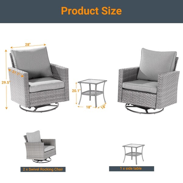 LIVOOSUN 3Piece Patio Sofa Set Gray Rattan Swivel Rocking Chair Glass Table