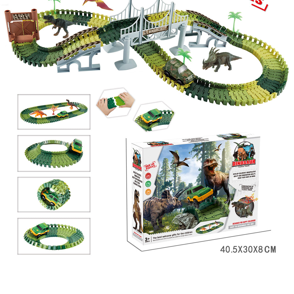 Welltop Dinosaurs Race Track Toys with 144 Flexible Track， 1 LED Dinosaur Racing Cars， for Boys Girls Kids Age 3 4 5 6 7+