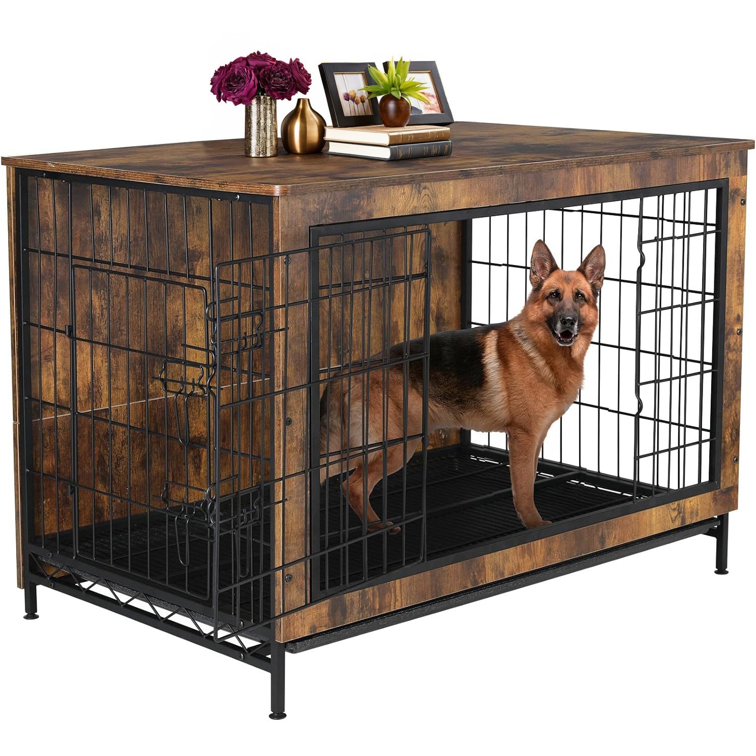 Dog Crate Furniture 44-inch Side End Table, Dog Cage with Pull-Out Removable Tray for Large Pets