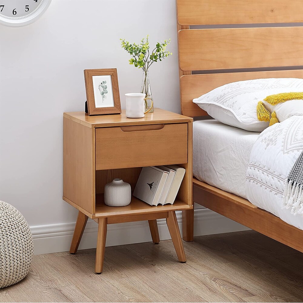 MUSEHOMEINC Mid Century Modern Solid Wood Nightstandfor Bedroom End Table for Living Room with 1 Storage Drawer and Open Shelf