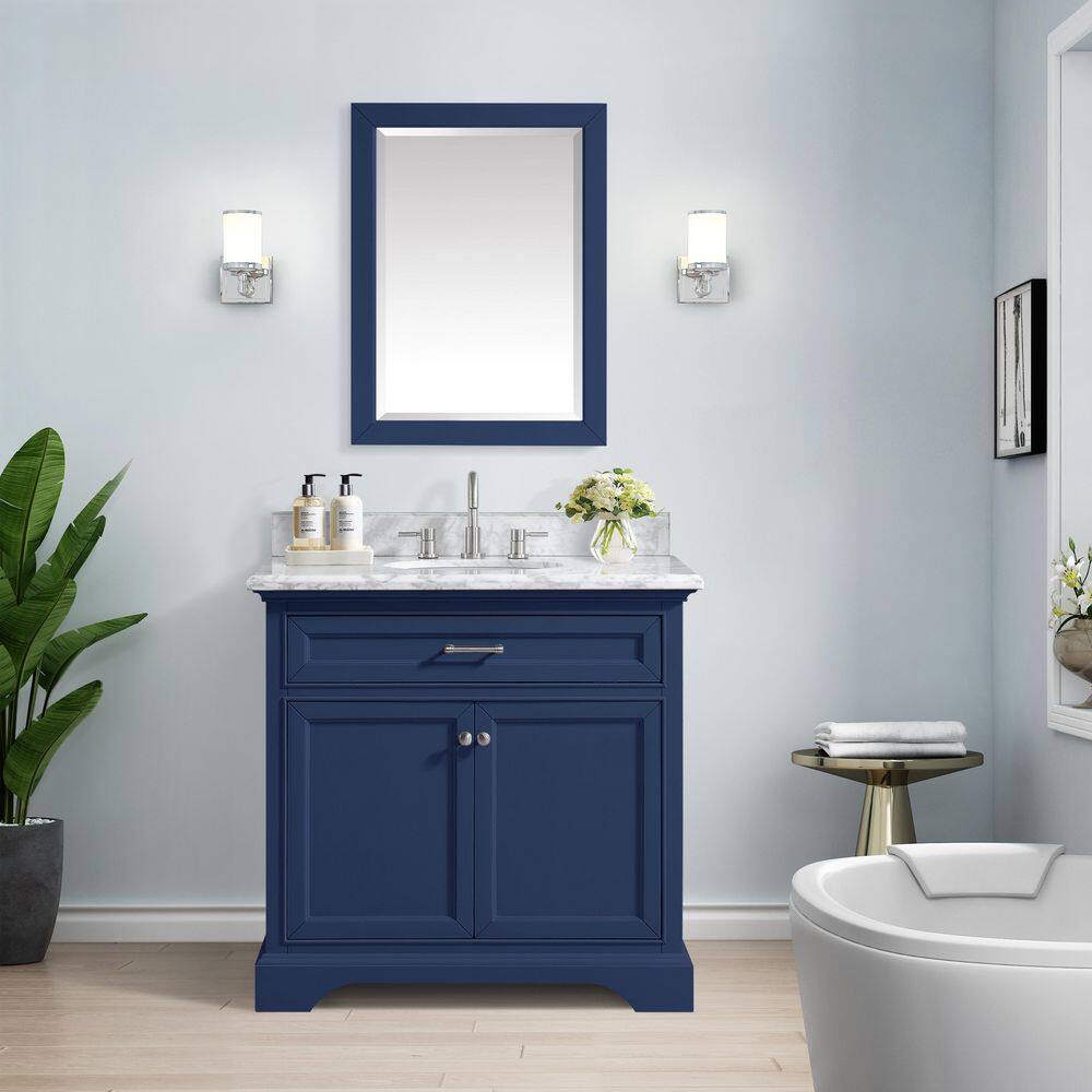 Home Decorators Collection Windlowe 37 in. W x 22 in. D x 35 in. H Bath Vanity in Navy Blue with Carrara Marble Vanity Top in White with White Sink 15101-VS37C-NB