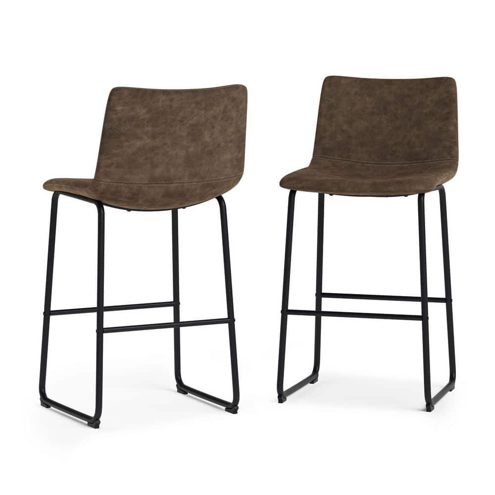 Simpli Home Warner 39.4 in Height Bar Stool (Set of 2) in Distressed Brown Faux Leather AXCWARBS-DBR