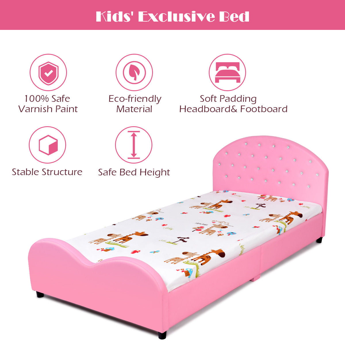 Costway Kids Children PU Upholstered Platform Wooden Princess Bed Bedroom Furniture Pink