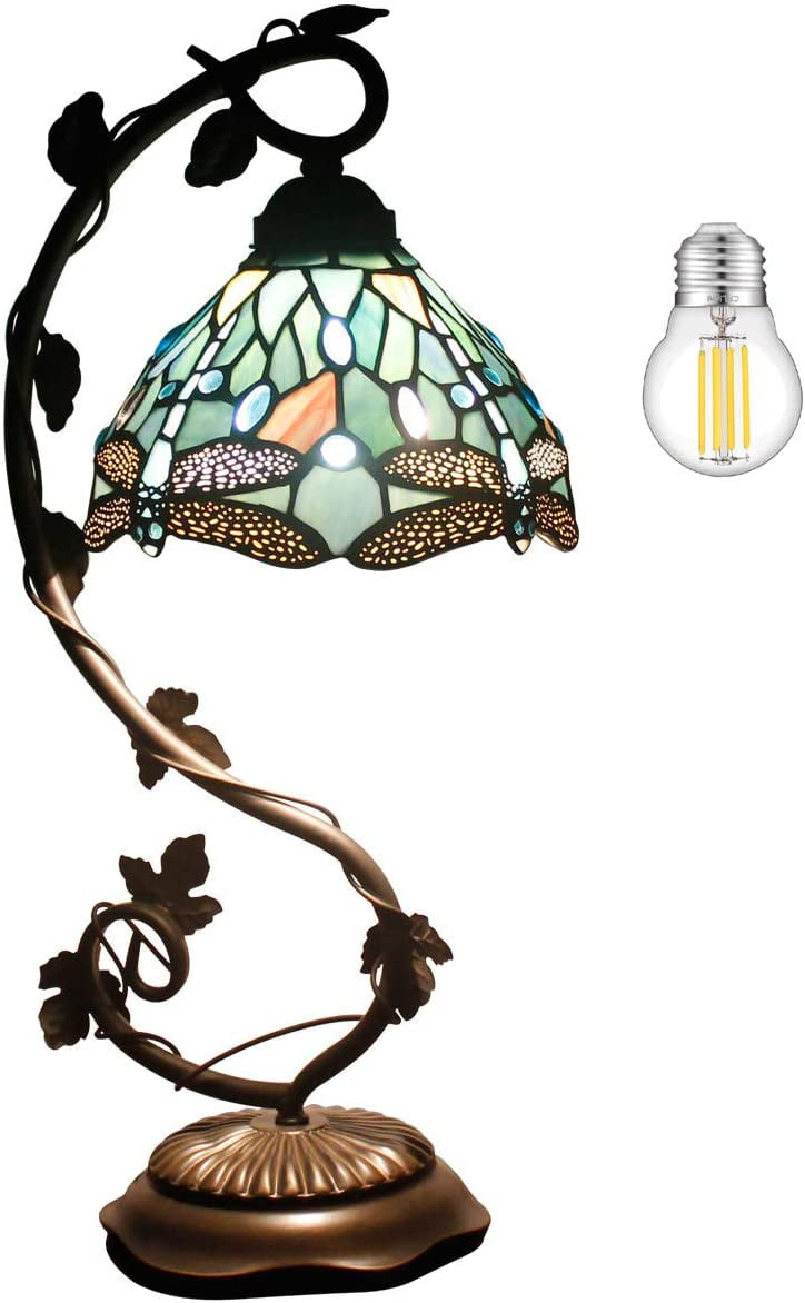 SHADY  Lamp Sea Blue Stained Glass Dragonfly Style Desk Reading Light  Metal Leaf Table Lamp Base 8X10X21 Inches Decor Small Space Bedside Bedroom Home Office S147 Series