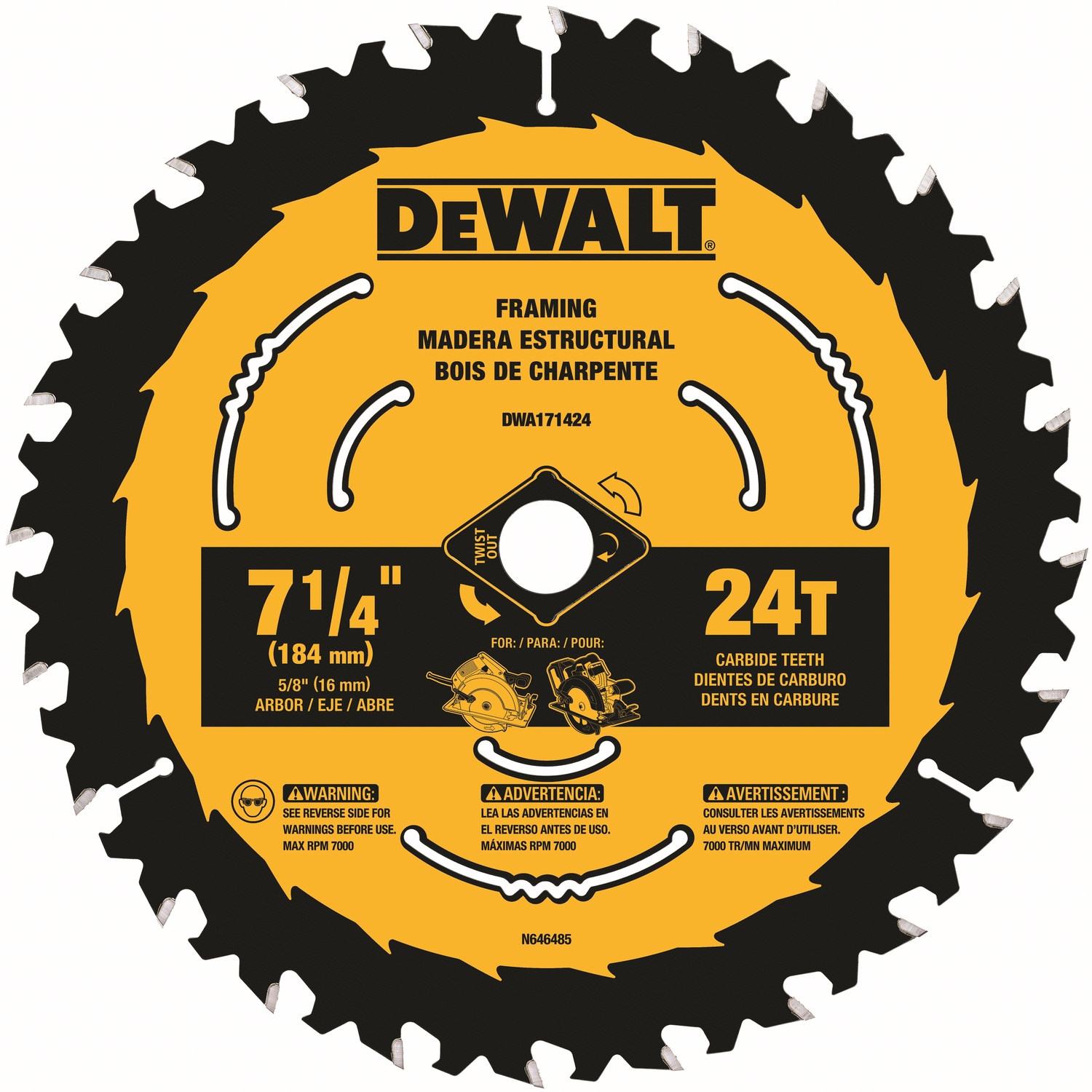 DW 7-1/4 in. D X 5/8 in. Tungsten Carbide Circular Saw Blade 24 teeth 3 pk