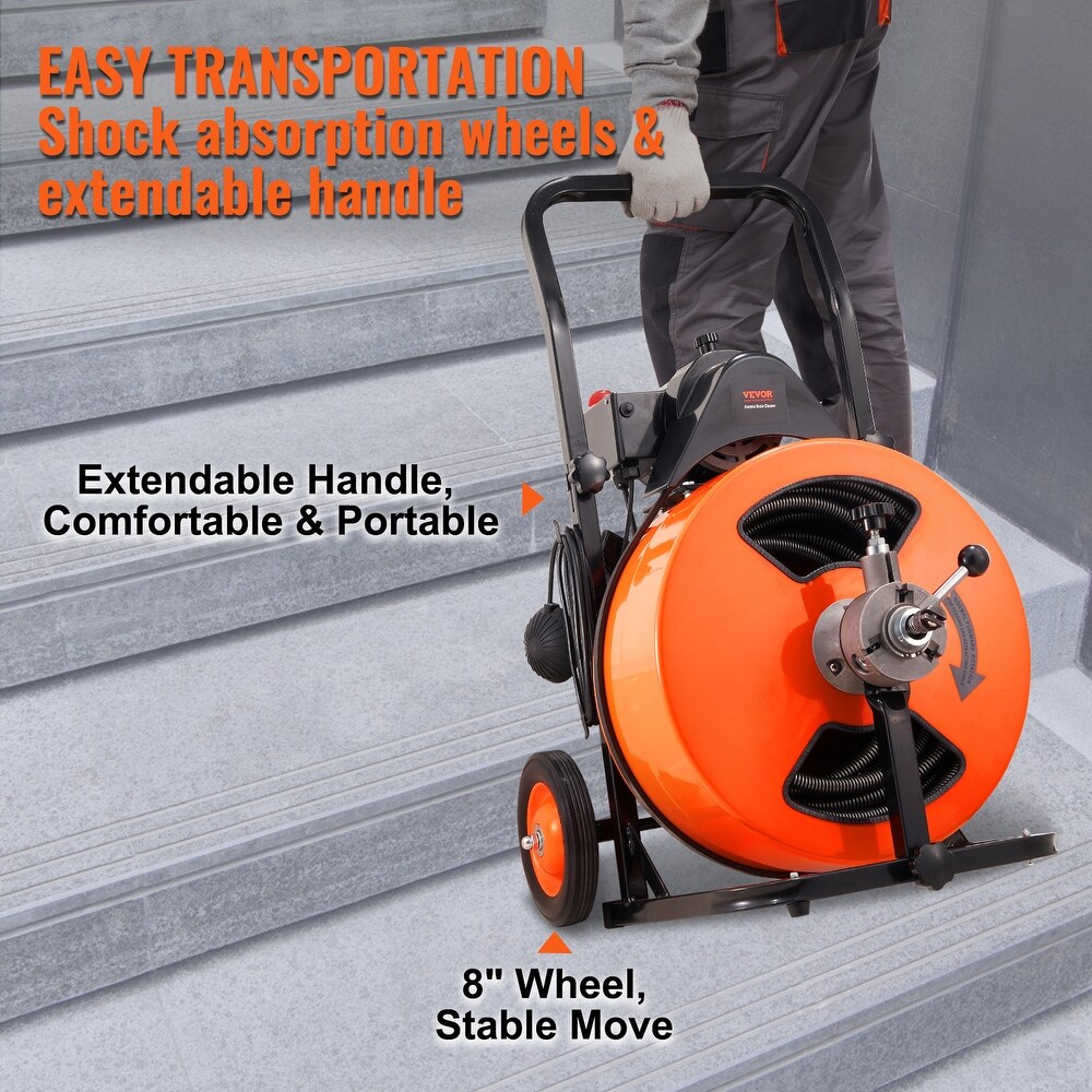 VEVOR 1800rpm Drain Cleaning Machine Sewer Auger Auto Feed with 4 Cutter Air activated Foot Switch for 1\