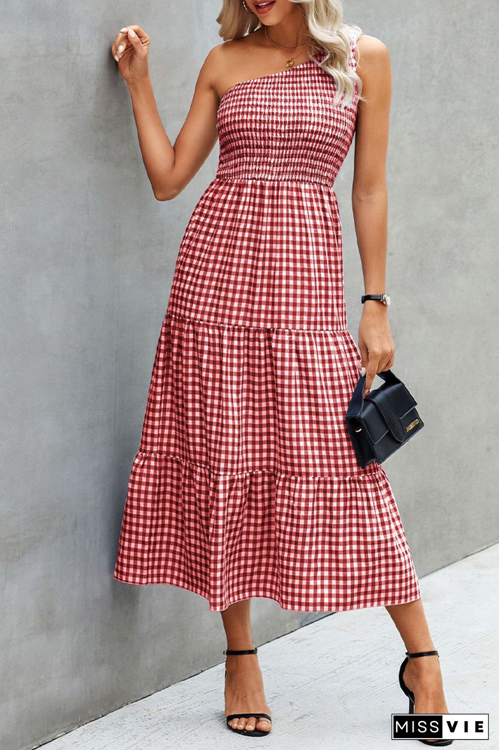 Plaid One Shoulder Pleated Ruffles Long Dress Wholesale