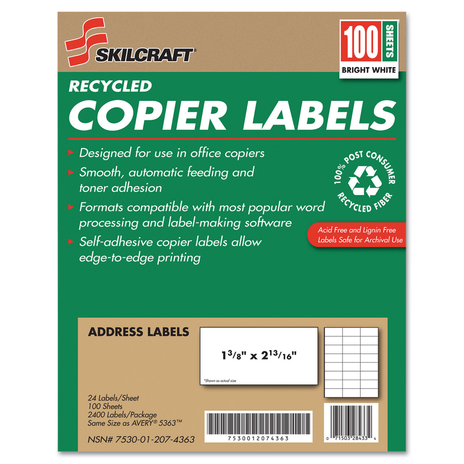 SKILCRAFT Recycled Copier Labels by AbilityOneandreg; NSN2074363