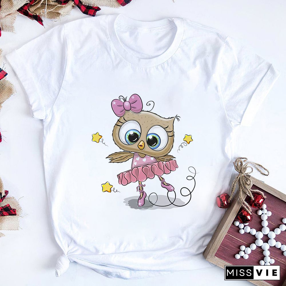 Gothic Women Cute Owl Printed T-Shirt All Seasons Fashion Thin Short Sleeve Tees Harajuku Casual Pink Top Female Clothing Tshirt